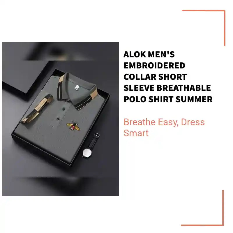ALOK Men's Embroidered Collar Short Sleeve Breathable Polo Shirt Summer by@Outfy